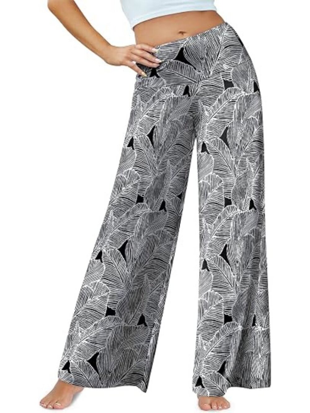 Floral Leaf Wide Leg Palazzo Pants XXL Stretch Relaxed Black White Boho Tropical
